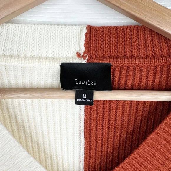 Lumiere V-Neck Color Block Pullover Sweater Size M Cream and Rust Brown - Picture 4 of 10